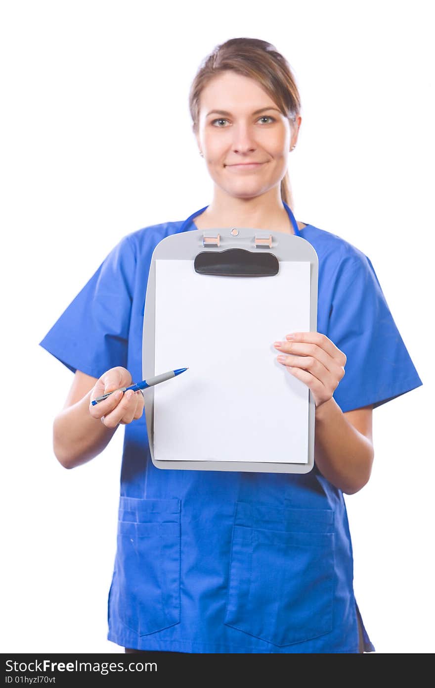 Woman doctor holding chart isolated on white focus on chart