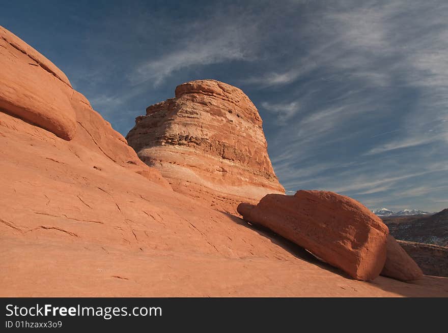 Red rocks in national park under a bright blue sky. Red rocks in national park under a bright blue sky