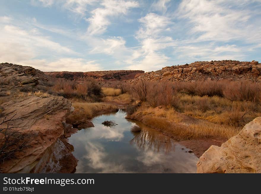 Desert landscape under bright blue sky. Desert landscape under bright blue sky