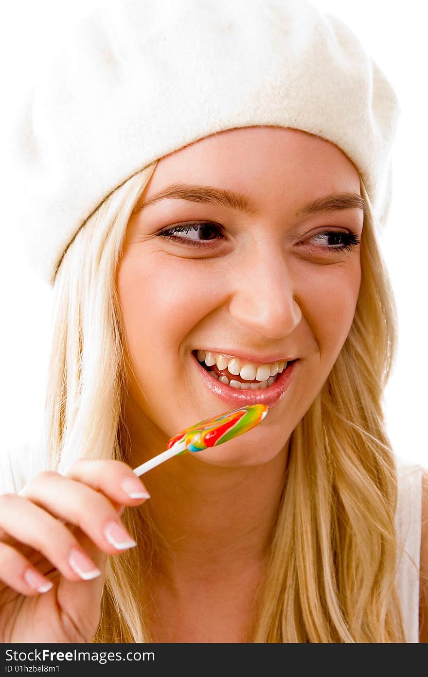 Portrait of smiling woman going to eat candy