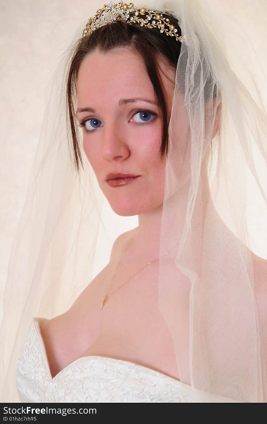 Female model head shot of her in a wedding dress with a comfortable grin on her face. Female model head shot of her in a wedding dress with a comfortable grin on her face.