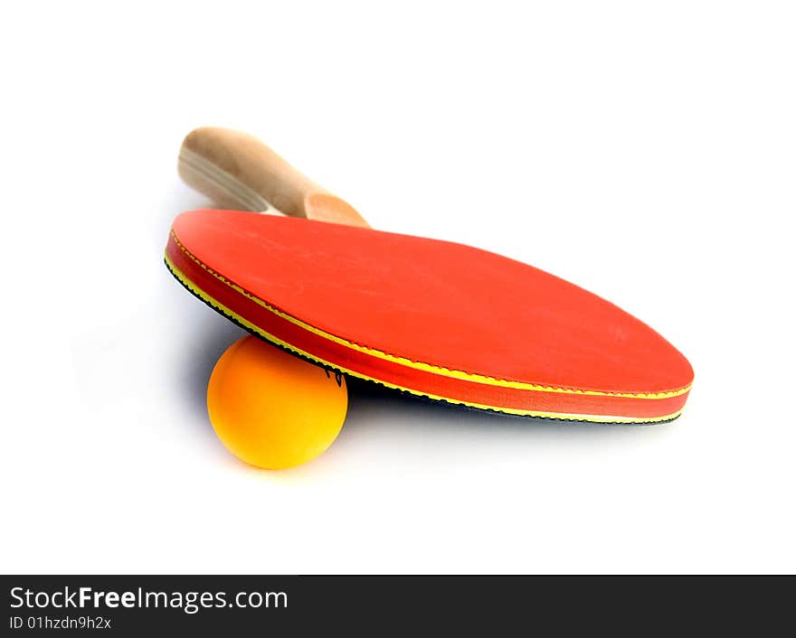 Ping-pong racket with ball isolated over white background