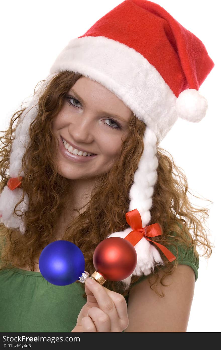 Christmas, red haired teenager with decoration, Christmas tree ball and Christmas hood