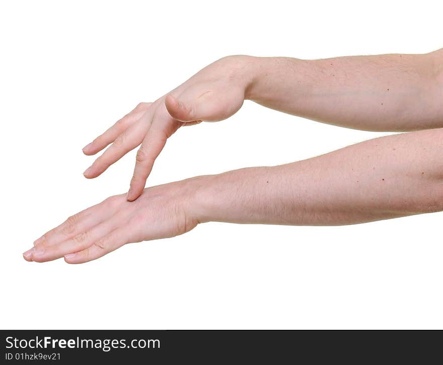 Finger touching hand isolated over white background