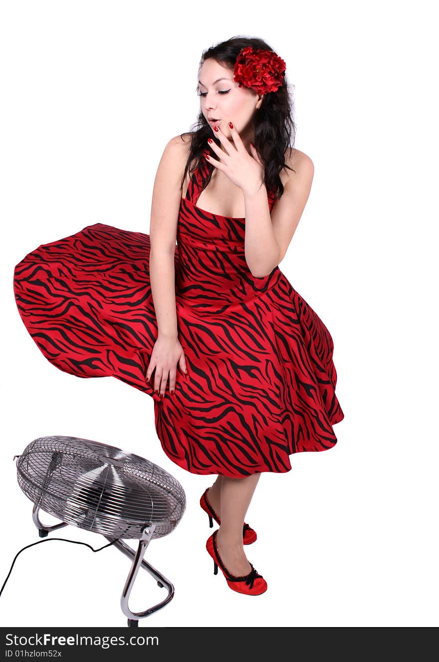 Pin-up girl standing near a ventilator