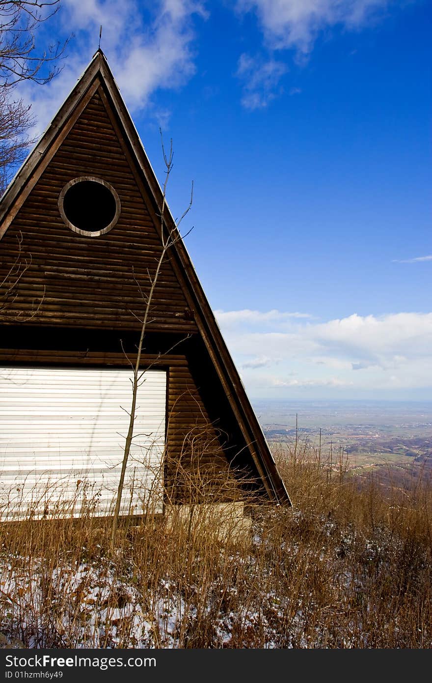 Log cabin in mountains