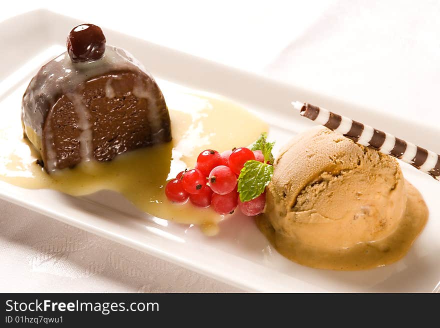 Ice cream plate.The left is chocolate cake flavor and the right is coffee flavor with cookie.A berry decoration in the middle.