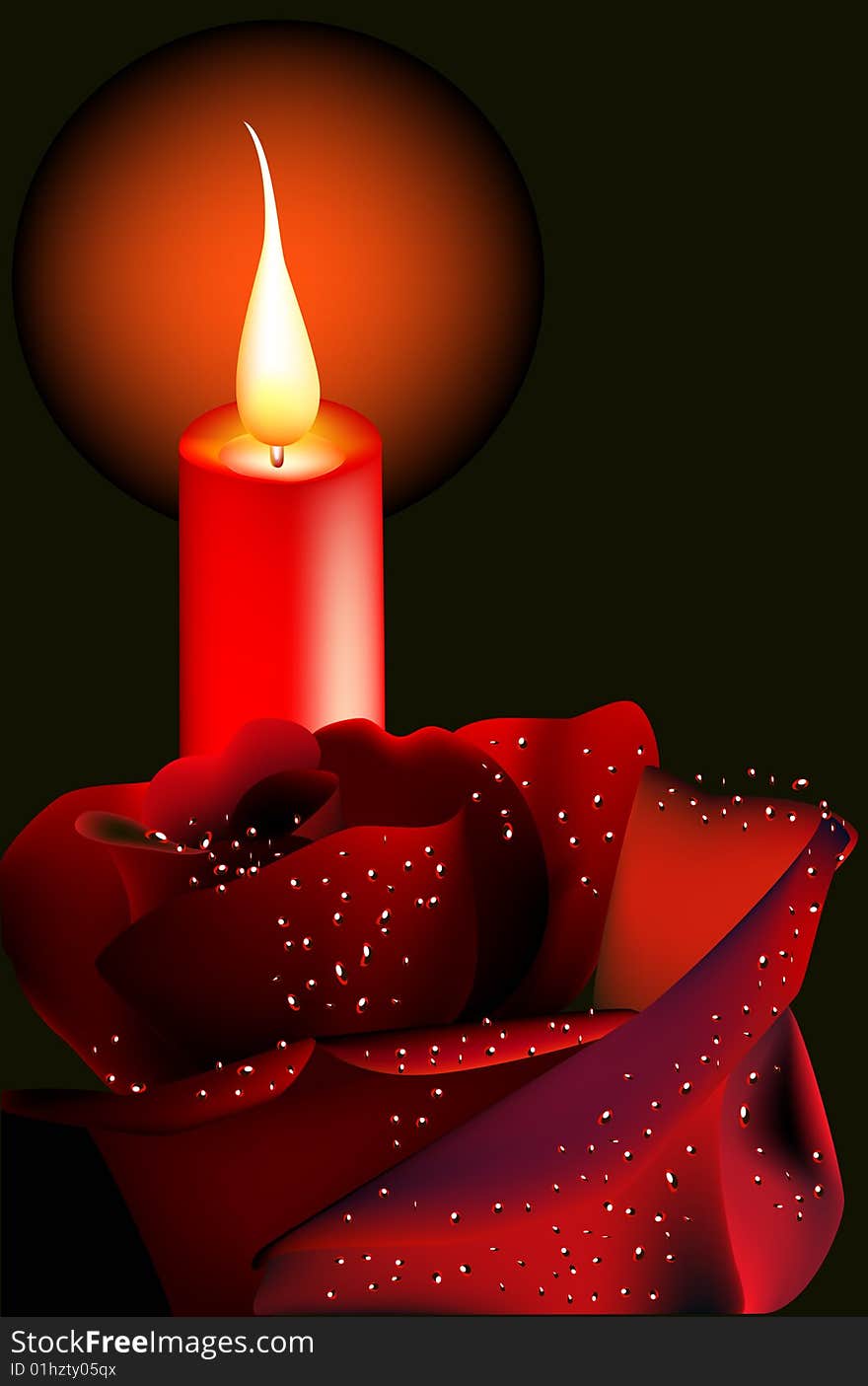 Candle and red rose on a black background