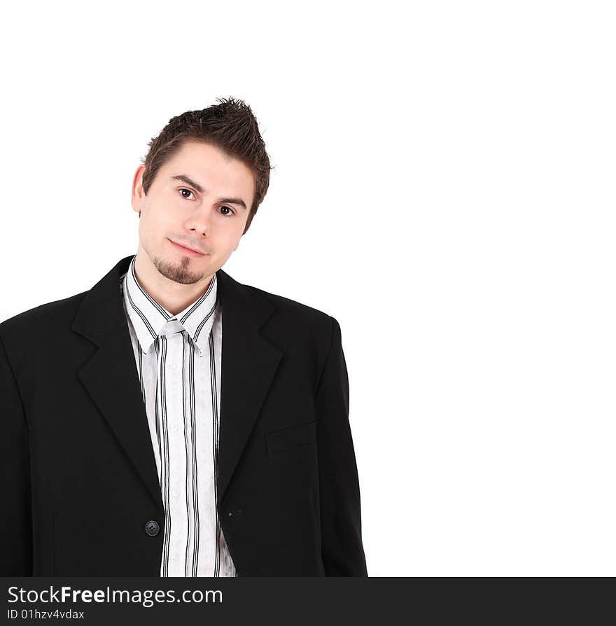 Man in black suit on white background with copy space. Man in black suit on white background with copy space