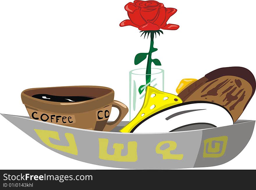 Cup with coffee, dish with cheese, toast, plus glass with a rose. Cup with coffee, dish with cheese, toast, plus glass with a rose.