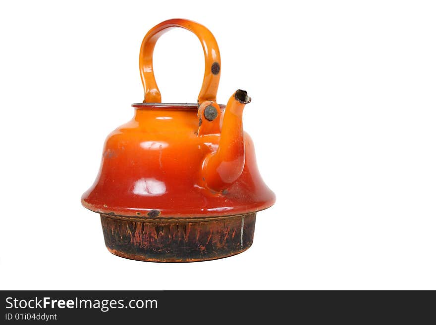 Old orange kettle with rusty bottom against a white background. Old orange kettle with rusty bottom against a white background