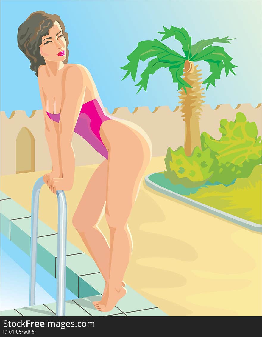 On background of tropical nature the young woman leans against a handrail of swimming pool and looks back through a shoulder. On background of tropical nature the young woman leans against a handrail of swimming pool and looks back through a shoulder.