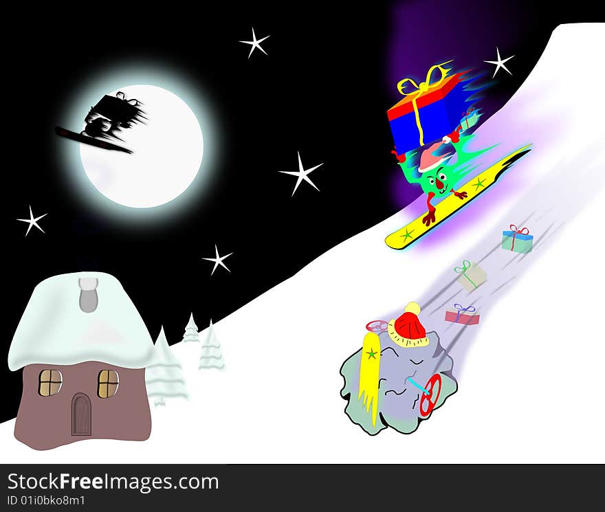 Christmas skiing competition so that Santa Claus will be faster. Image, Graphics.