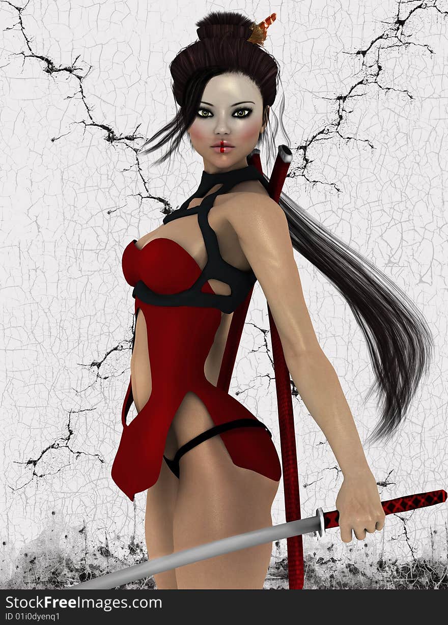 Beautiful samurai girl with two swords