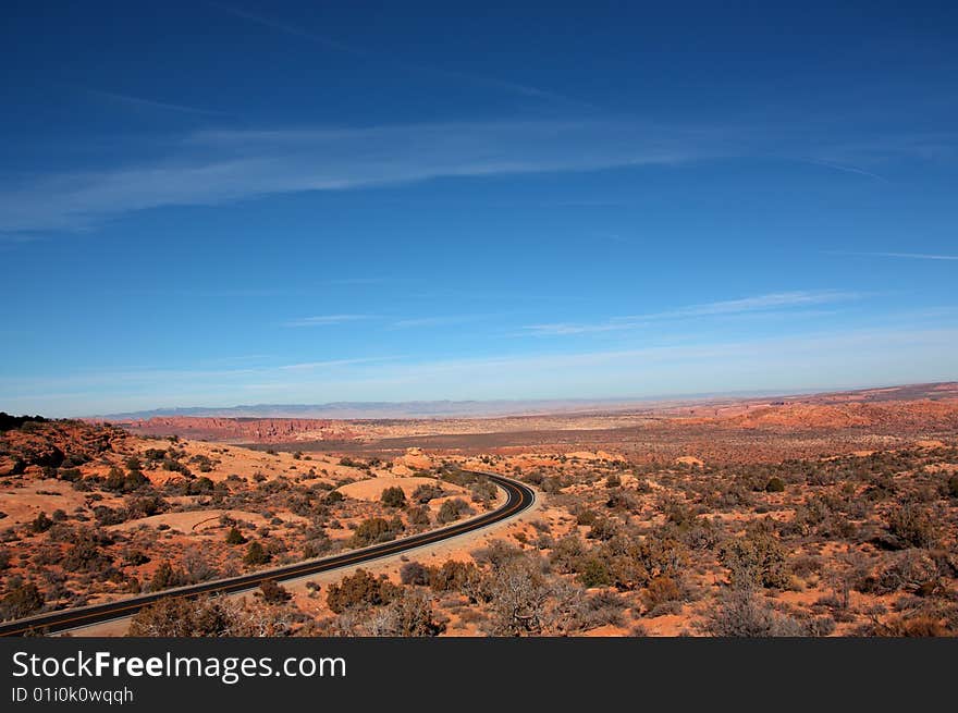 Desert panorama with a road curve in the Arches National Park, Utah (USA). Desert panorama with a road curve in the Arches National Park, Utah (USA)