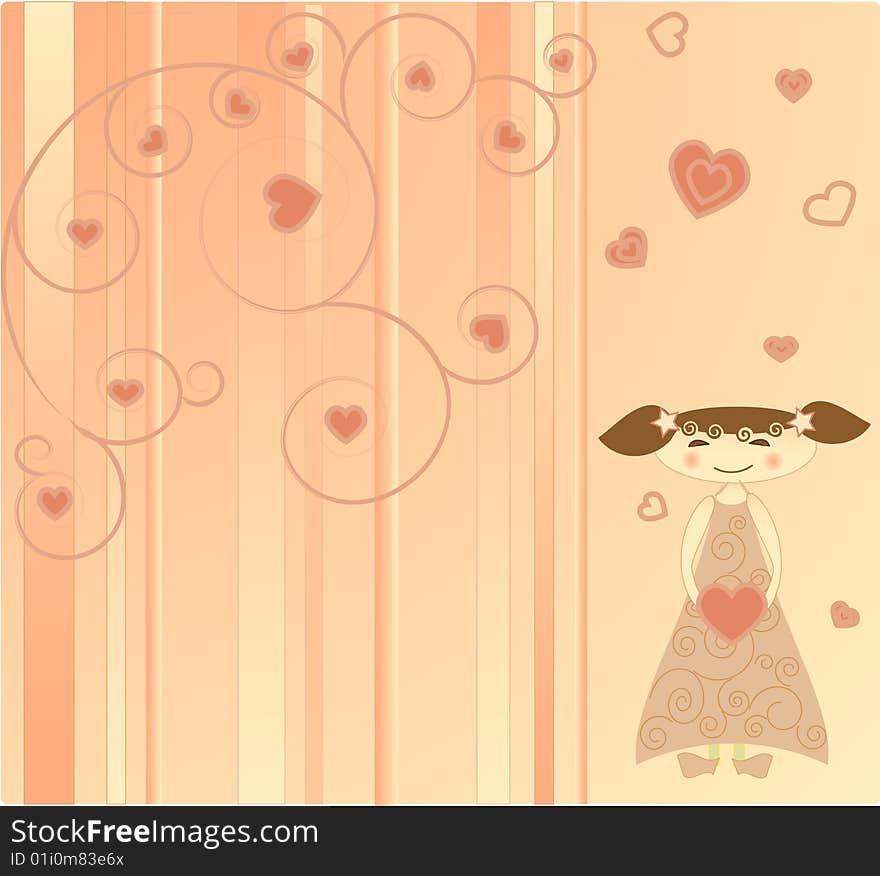 The girl on the pink background with hearts. Vectors illustratio