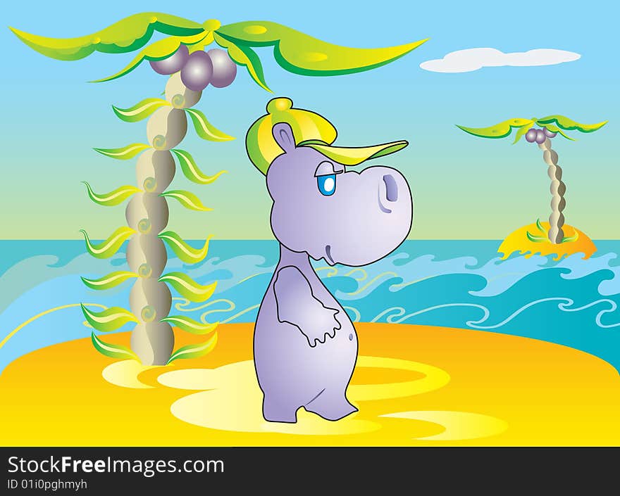 Vector illustration. Hippopotamus on the beach.