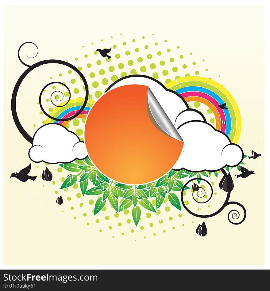 Retro Banner With Clouds and birds flying around with rainbows in background