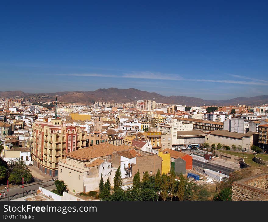 Panoramic view of Malaga Spain. Landscape. General view or scene of Malaga city. Tourists attraction in Andalusia. Spain