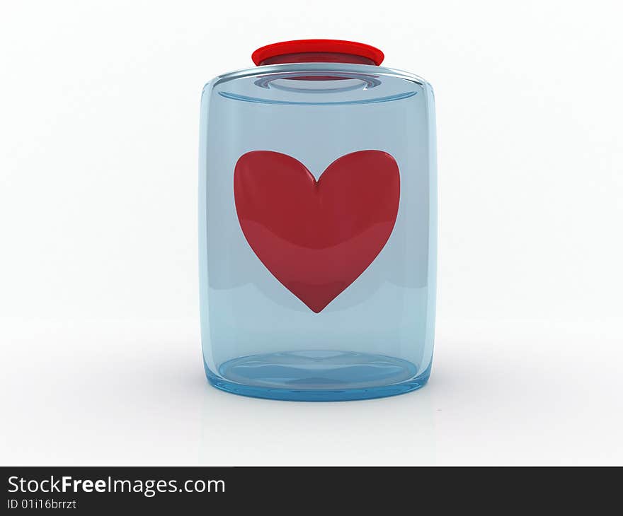 3d illustration of heart in the bottle, over white background. 3d illustration of heart in the bottle, over white background