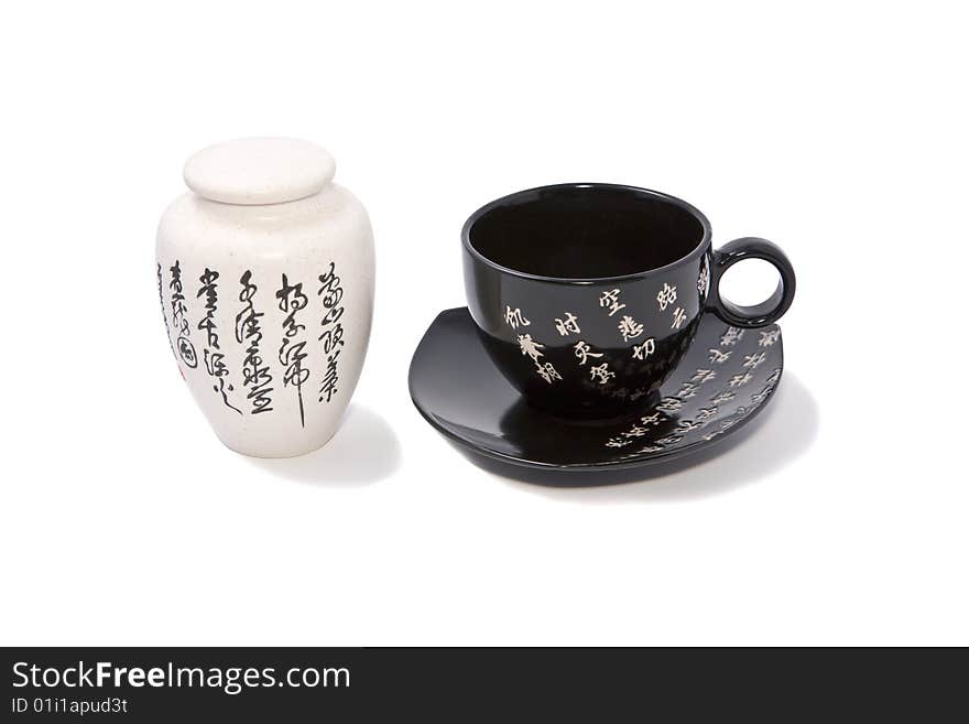 Tea-things in asian style with hieroglyphics