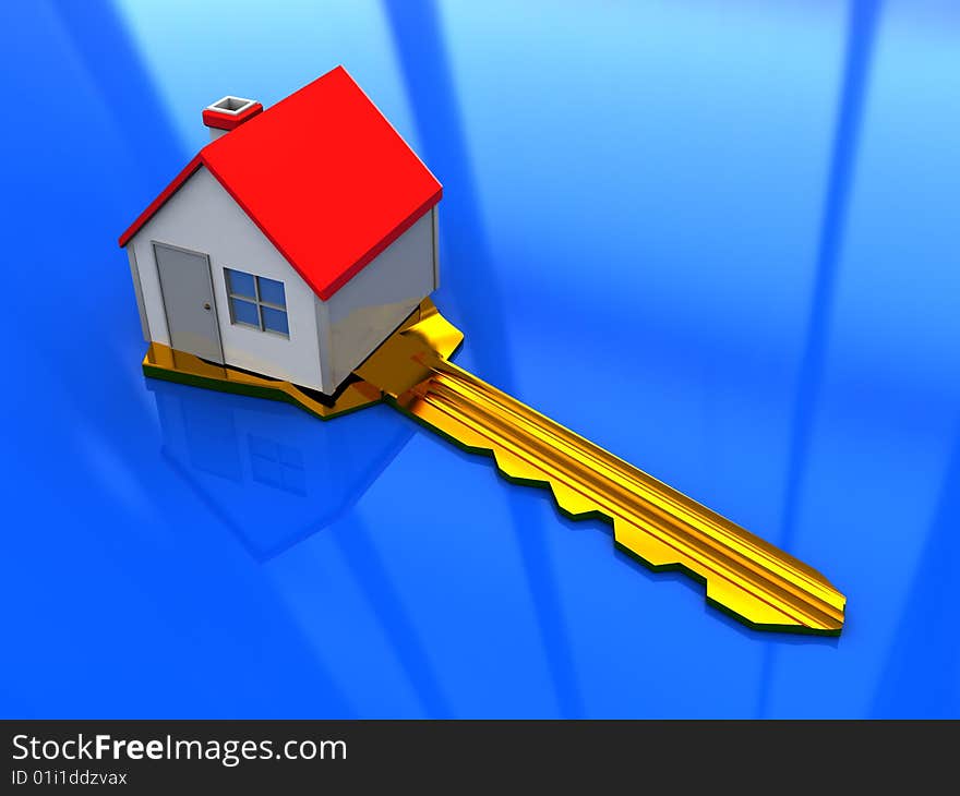 Abstract 3d illustration of house on golden key, blue background. Abstract 3d illustration of house on golden key, blue background