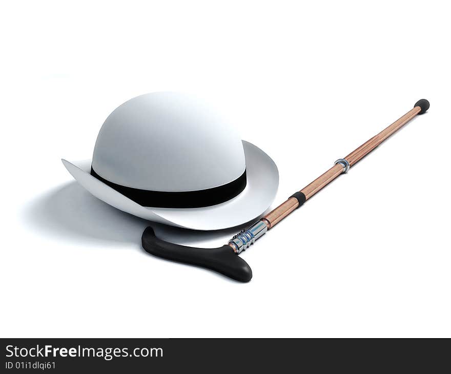 White derby hat and walking stick