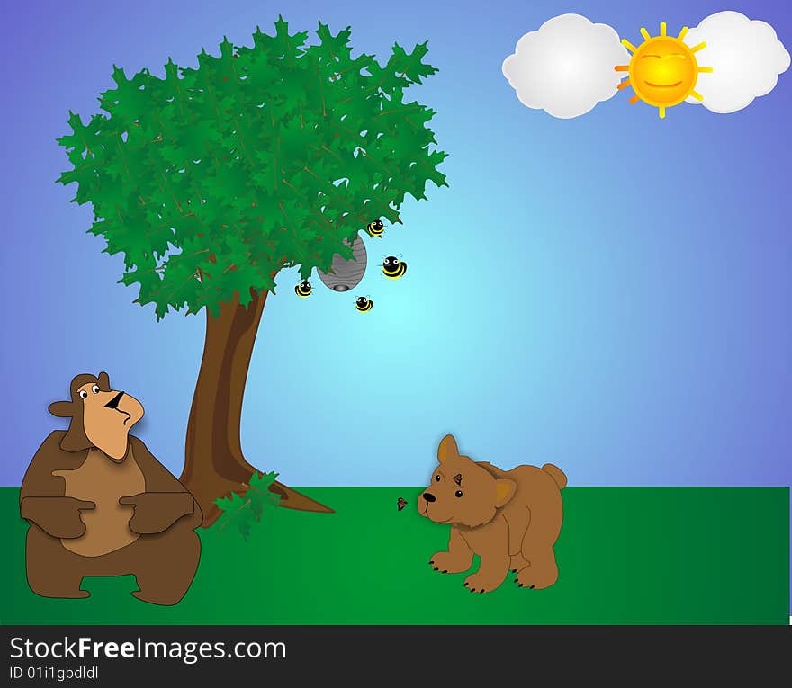 2 bears in park, one looking at hive thinking of honey and the other curious about the butterflies. 2 bears in park, one looking at hive thinking of honey and the other curious about the butterflies..