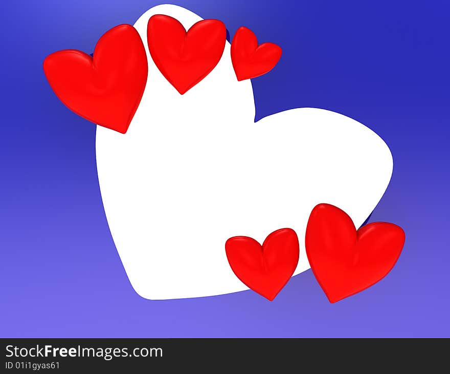 Abstract 3d illustration of red hearts over blue background, frame. Abstract 3d illustration of red hearts over blue background, frame