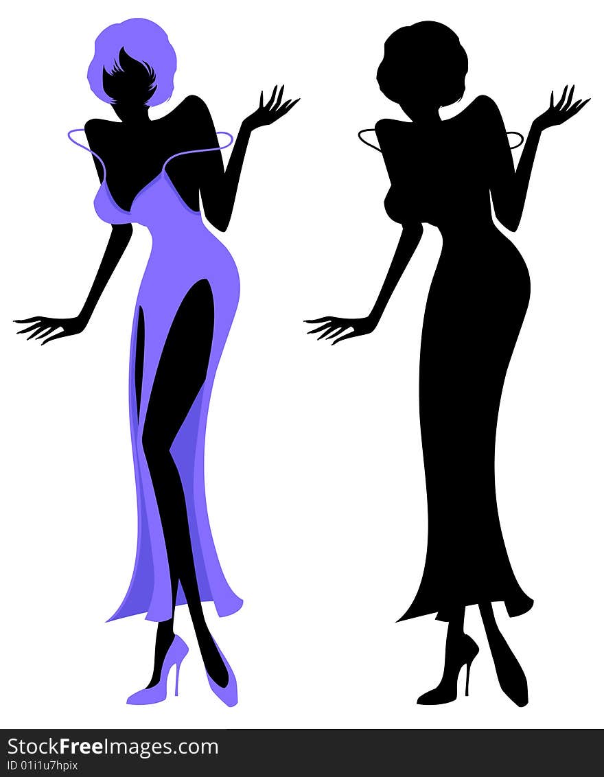 Illustrated silhouette of a party girl in two versions. image contains clipping path for easy cropping. Illustrated silhouette of a party girl in two versions. image contains clipping path for easy cropping.