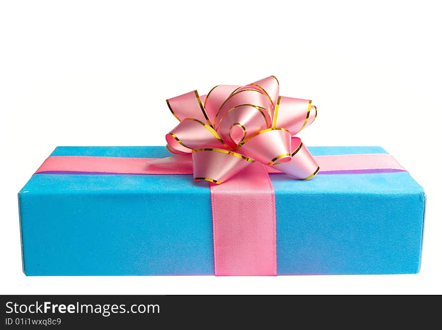 Blue box with a gift and a bow, is tied up by a tape isolated on white