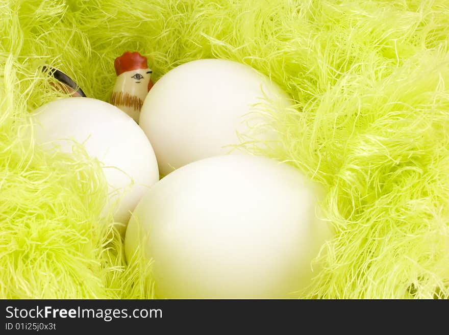 White eggs on a greenish fluffy background