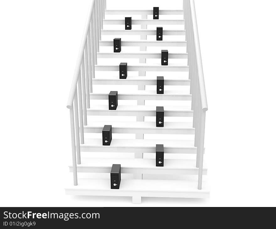 Isolated three dimensional cpu on stairs on an isolated white background