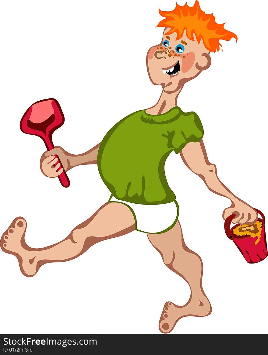 Vector illustration of happy cartoon boy playing with spade,bucket and sand. Vector illustration of happy cartoon boy playing with spade,bucket and sand