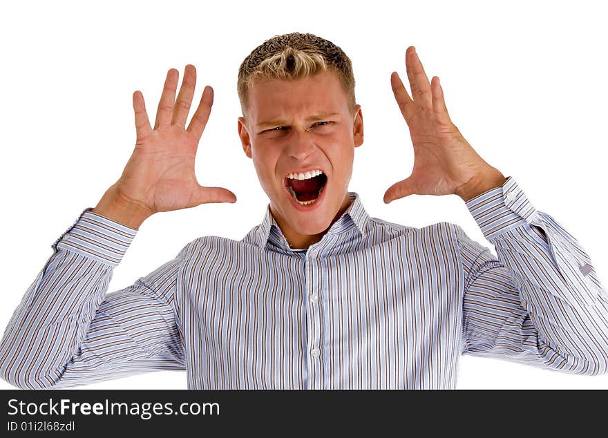 Caucasian young man shouting with white background