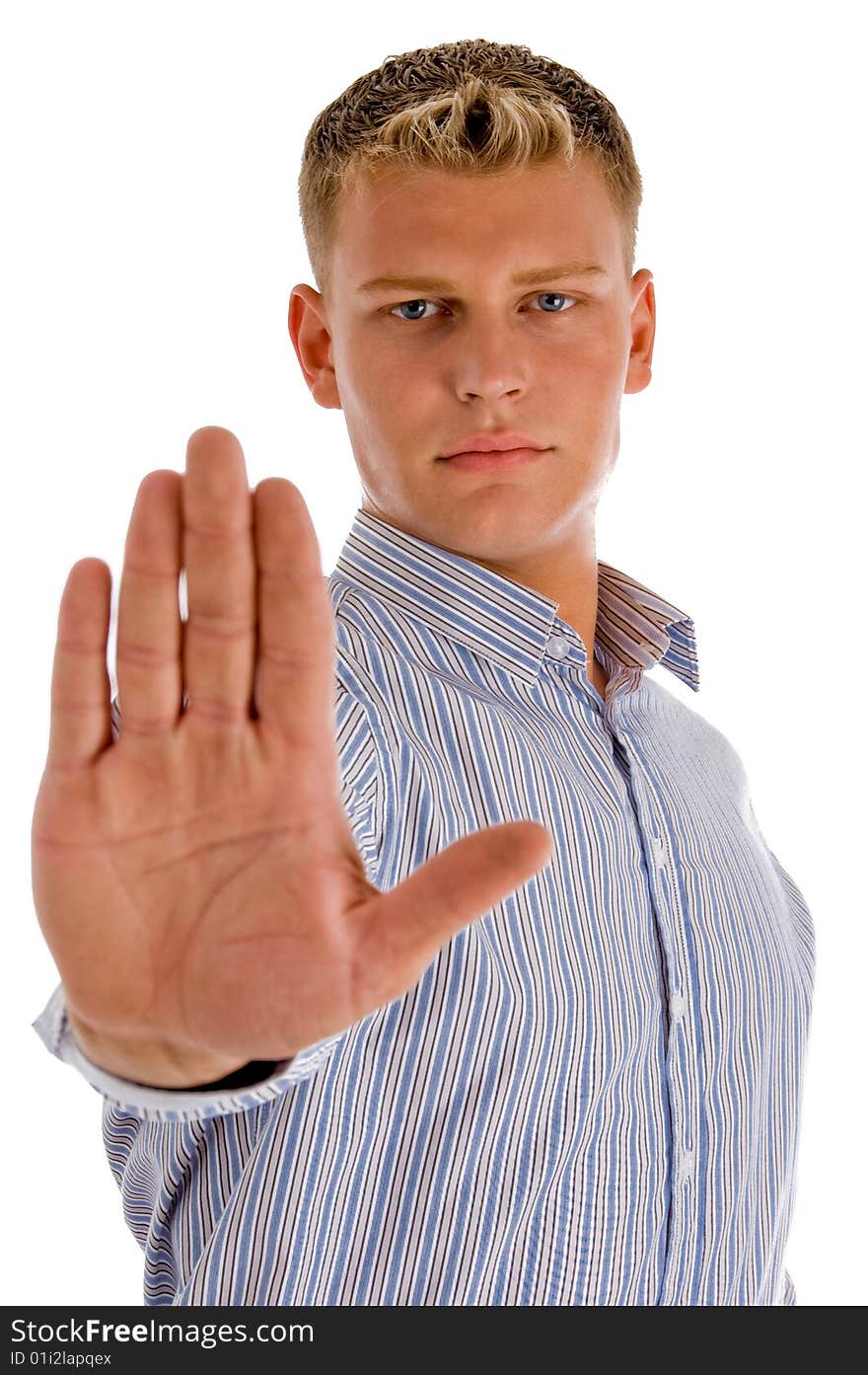 Man showing stop sign with white background