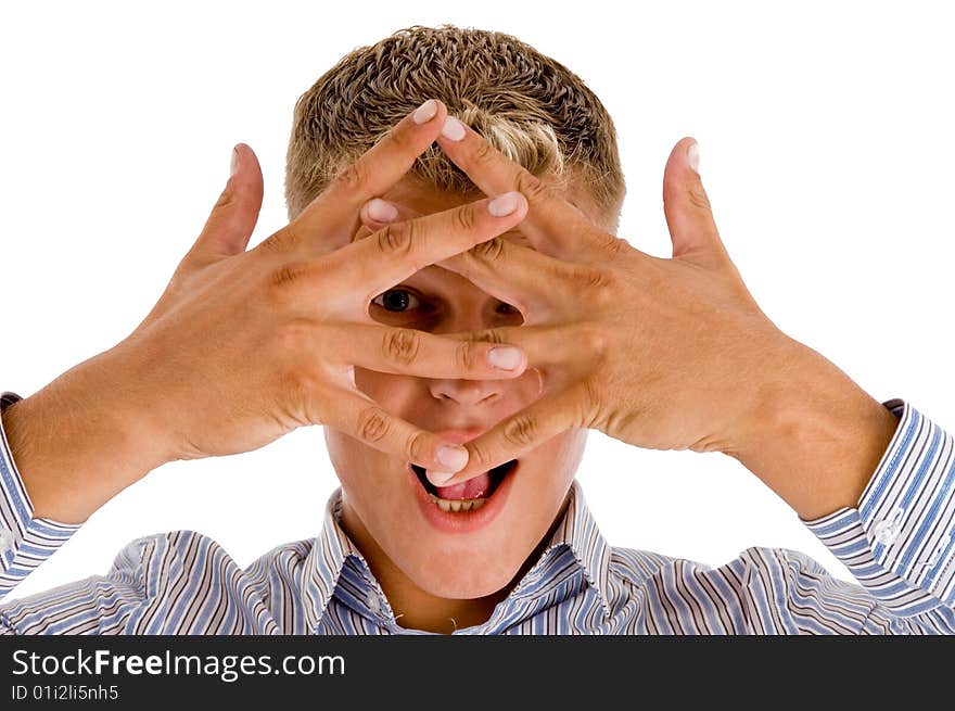 Male showing hand gesture on an isolated white background