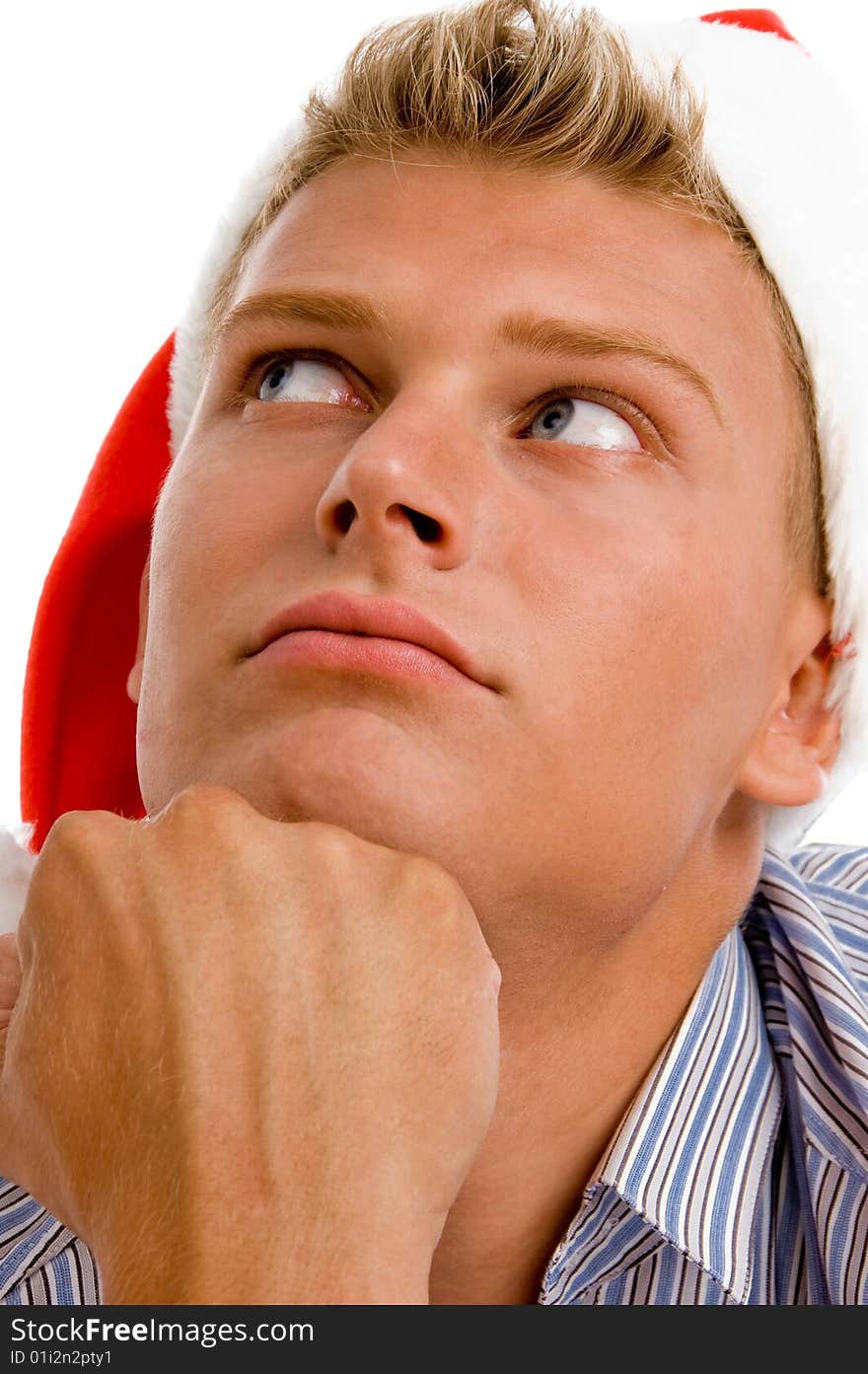 Caucasian man looking upward on an isolated background