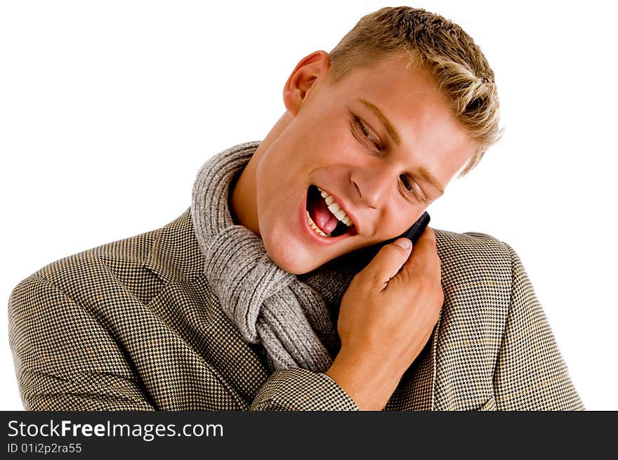 Young professional man receiving his call against white background