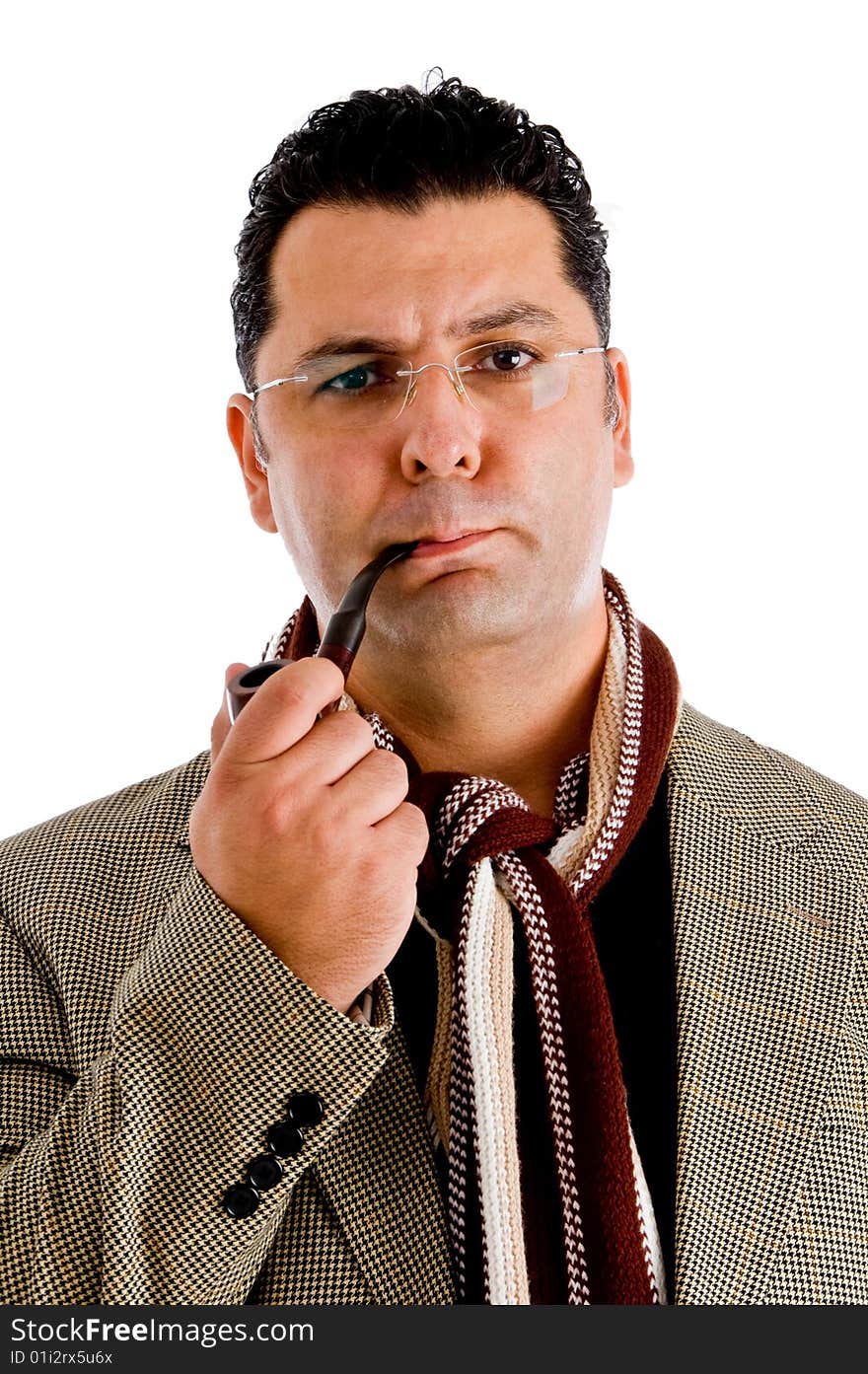 Adult man in coat smoking tobacco pipe isolated with white background