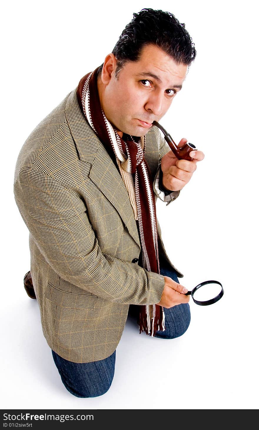 Detective with magnifier isolated with white background