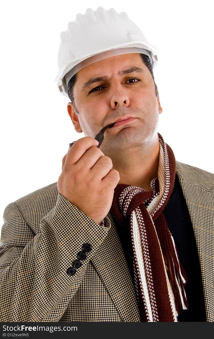 Adult architect with tobacco pipe isolated with white background