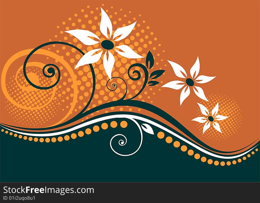 Abstract  flowers and dots on an orange background. Abstract  flowers and dots on an orange background.