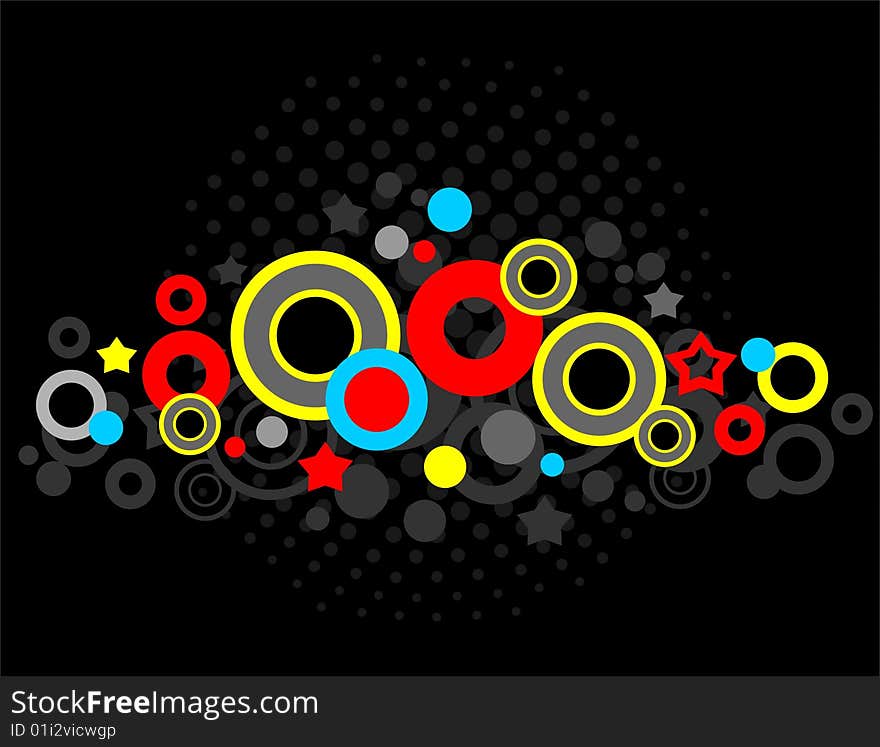 Abstract pattern with circles and dots on a black background.