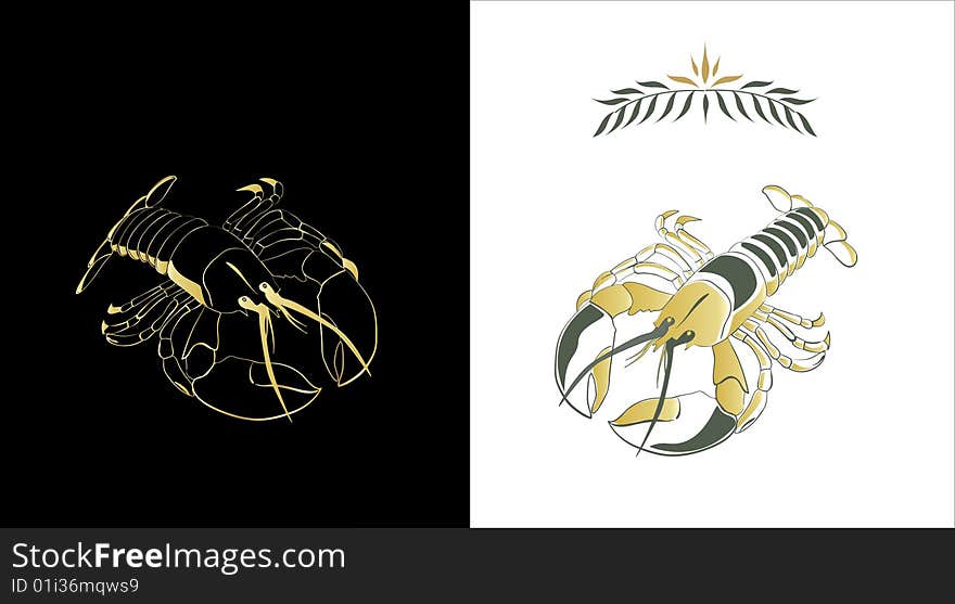 Two stylized sketches of a lobster in gold and dark green colors on white and black background. Contour of a lobster and a fill can be easily separated from a background.