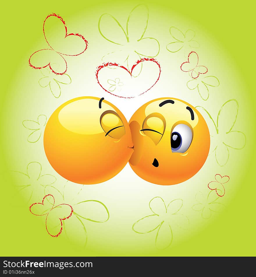 Smiling ball kissing another who is surprised. Smiling ball kissing another who is surprised