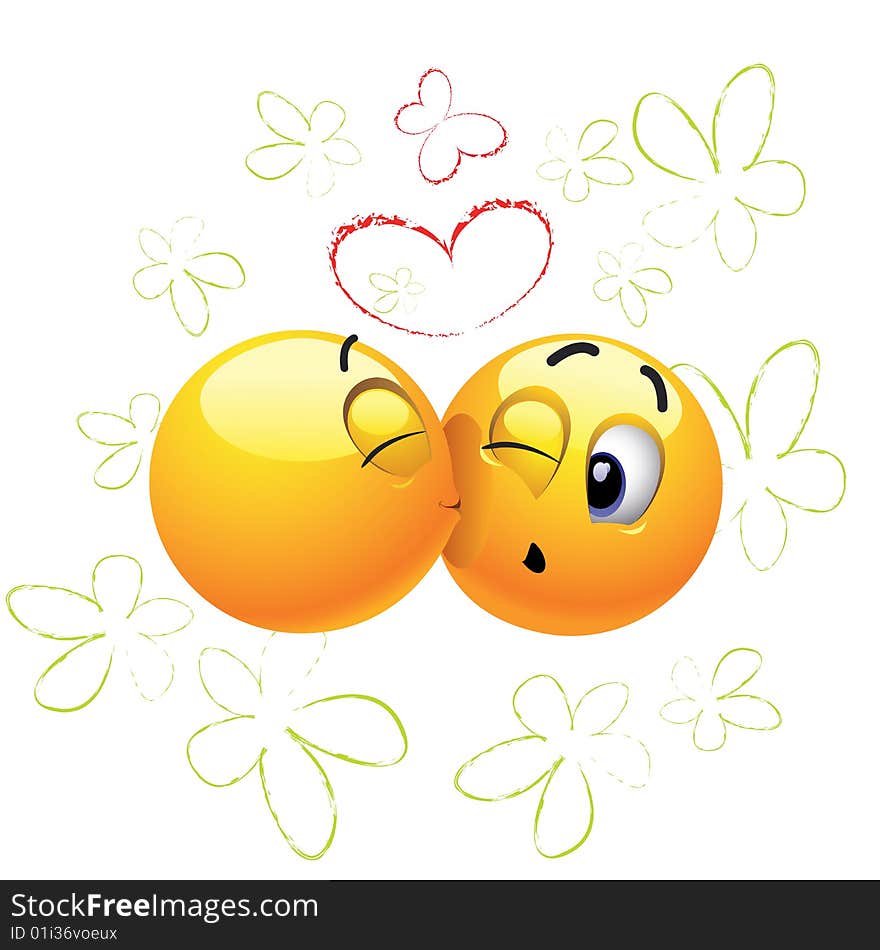 Smiling ball kissing another who is surprised. Smiling ball kissing another who is surprised