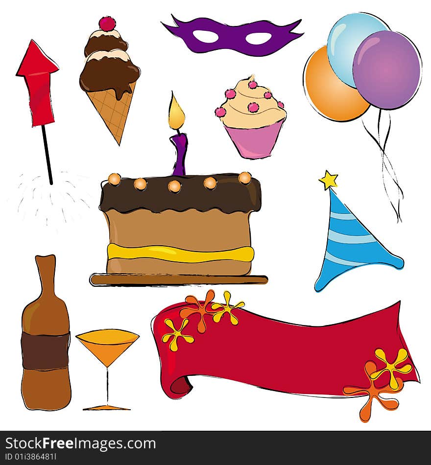 Party items with illustration of pink cake, candle with balloons, fireworks, ice-cream, mask, soda for celebration and invitation