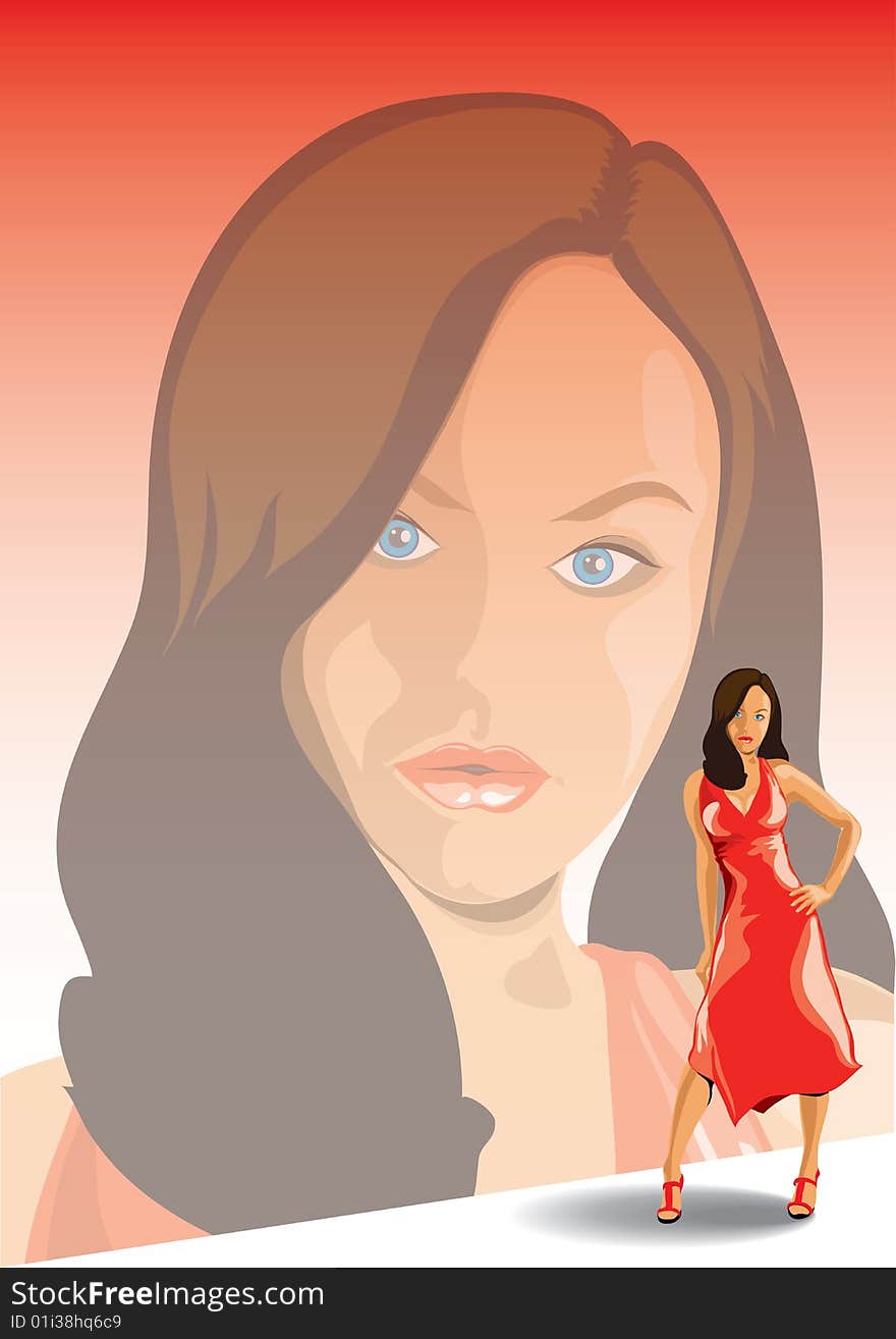 Illustration of girl in red dress. Illustration of girl in red dress