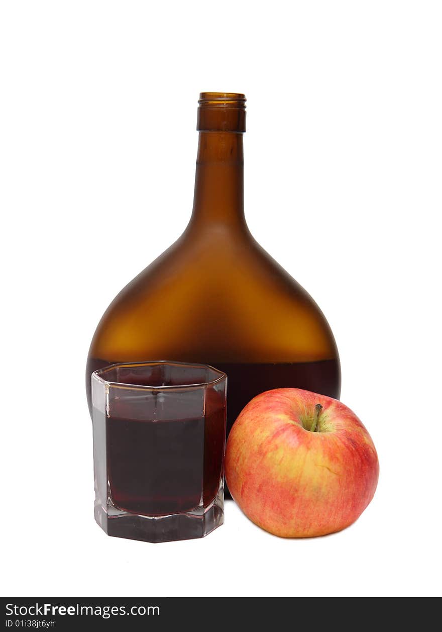 Bottle, glass and apple isolated on a white background